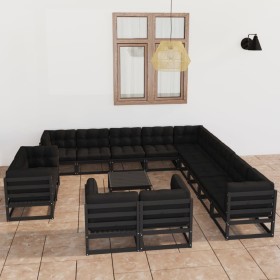 Set de muebles de jardín 14 pzas con cojines madera pino negro