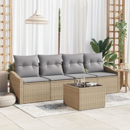 Juego de Comedor de Jardín de 5 Piezas con Cojines Beige de Ratán Poliéster by , Outdoor sofas - Ref: Foro24-3355259, Price: ...