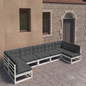 Garden furniture set 7 pieces with solid pine wood and white cushions by vidaXL, Garden sets - Ref: Foro24-3077185, Price: 67...