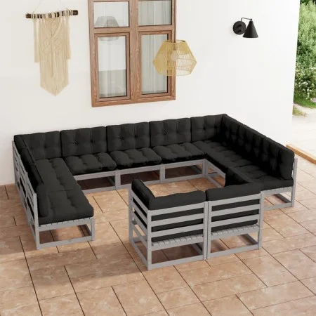 Set de muebles de jardín 11 pzas con cojines madera pino gris de vidaXL, Conjuntos de jardín - Ref: Foro24-3077266, Precio: 1...