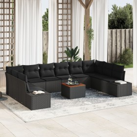 Juego de sofá de 11 piezas para jardín con cojines negros de polirratán y acacia de , Sofás de exterior - Ref: Foro24-3356679...