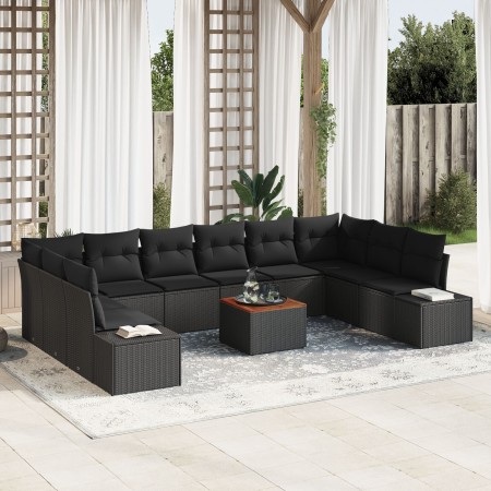 Juego de sofá de 11 piezas para jardín con cojines negros de polirratán y acacia by , Outdoor sofas - Ref: Foro24-3356679, Pr...