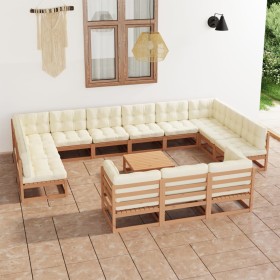 Set de muebles de jardín 14 pzs cojines madera pino marrón miel