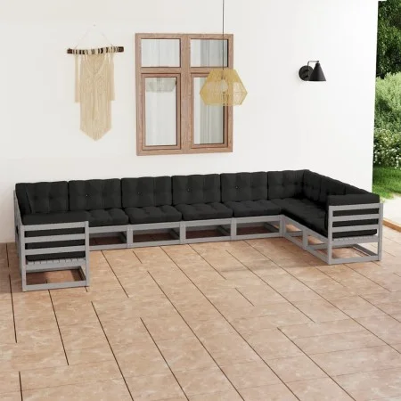 10-piece garden furniture set with gray pine wood cushions by vidaXL, Garden sets - Ref: Foro24-3077321, Price: 956,25 €, Dis...