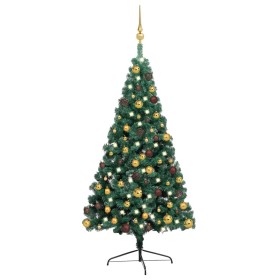 Medio árbol de Navidad con luces y bolas verde 240 cm