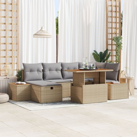 Conjunto de Sofá de Jardín de 7 Piezas con Cojines Beige de Ratán Poliéster von , Outdoor-Sofas - Ref: Foro24-3360080, Preis:...