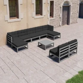 10-piece garden furniture set with gray pine wood cushions by vidaXL, Garden sets - Ref: Foro24-3077141, Price: 812,32 €, Dis...