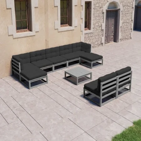 10-teiliges Gartenmöbel-Set mit Kissen aus grauem Kiefernholz von vidaXL, Gartensets - Ref: Foro24-3077141, Preis: 824,13 €, ...