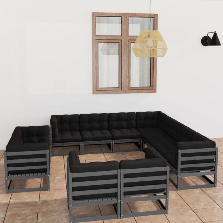 11-piece garden furniture set with gray pine wood cushions by vidaXL, Garden sets - Ref: Foro24-3076996, Price: 1,00 €, Disco...