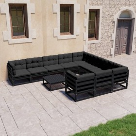 Set de muebles de jardín 11 pzas con cojines madera pino negro