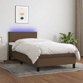 Cama box spring con colchón LED tela marrón oscuro 90x190 cm Cama box spring con colchón LED tela marrón oscuro 90x190 cm