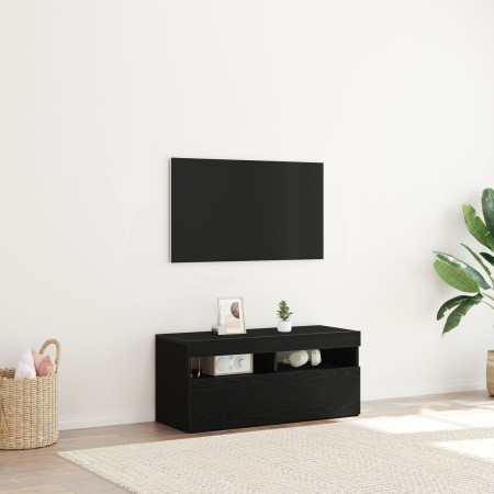 Mueble para TV  con luces LED, negro y de roble, mide 90x35x40 cm y está hecho de madera elaborada | Foro24.es | Tu tienda online para hogar, jardín y más Foro24.es