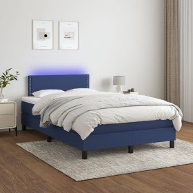 Cama box spring con colchón y LED tela azul 120x200 cm en Camas y somieres | Comprar online en Foro24