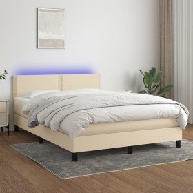 Cama box spring colchón y luces LED tela crema 140x200 cm Cama box spring colchón y luces LED tela crema 140x200 cm