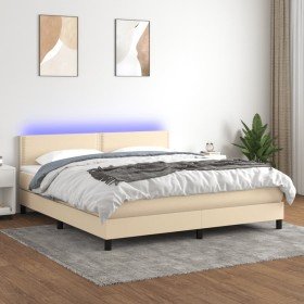 Cama box spring colchón y luces LED tela crema 180x200 cm Cama box spring colchón y luces LED tela crema 180x200 cm