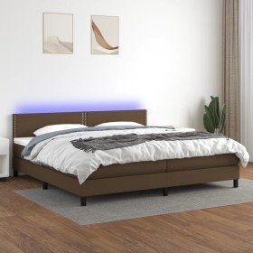 Cama box spring colchón luces LED tela marrón oscuro 200x200 cm Cama box spring colchón luces LED tela marrón oscuro 200x200 cm