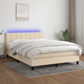Cama box spring colchón y luces LED tela crema 140x200 cm Cama box spring colchón y luces LED tela crema 140x200 cm