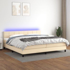 Cama box spring colchón y luces LED tela crema 200x200 cm Cama box spring colchón y luces LED tela crema 200x200 cm