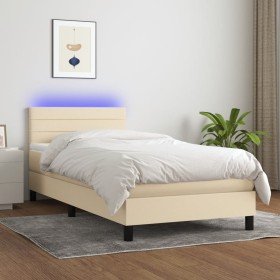 Cama box spring colchón y luces LED tela crema 80x200 cm Cama box spring colchón y luces LED tela crema 80x200 cm