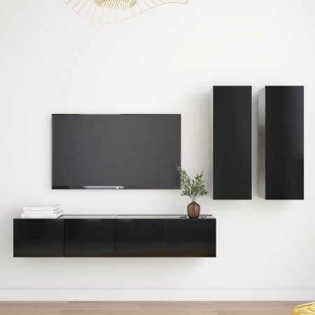 Set de muebles de salón TV 4 piezas madera de ingeniería negro by , TV Furniture - Ref: Foro24-3078791, Price: 166,35 €, Disc...