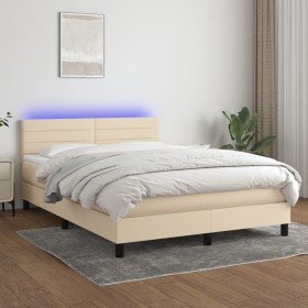 Cama box spring colchón y luces LED tela crema 140x200 cm Cama box spring colchón y luces LED tela crema 140x200 cm