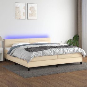 Cama box spring colchón y luces LED tela crema 200x200 cm Cama box spring colchón y luces LED tela crema 200x200 cm