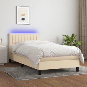 Cama box spring colchón y luces LED tela color crema 90x190 cm Cama box spring colchón y luces LED tela color crema 90x190 cm