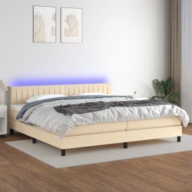 Cama box spring colchón y luces LED tela crema 200x200 cm Cama box spring colchón y luces LED tela crema 200x200 cm