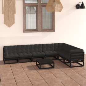 Set de muebles de jardín 8 pzas con cojines madera pino negro