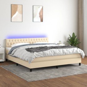 Cama box spring colchón y luces LED tela crema 160x200 cm Cama box spring colchón y luces LED tela crema 160x200 cm