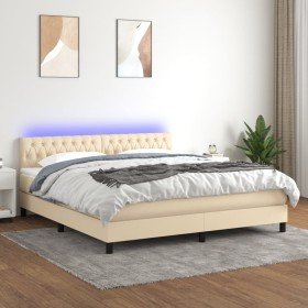Cama box spring colchón y luces LED tela crema 180x200 cm Cama box spring colchón y luces LED tela crema 180x200 cm