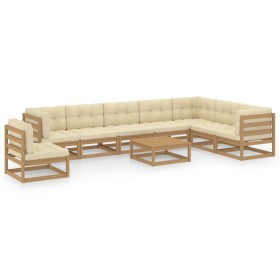 Set de muebles de jardín 9 pzs cojines madera pino marrón miel