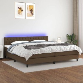 Cama box spring colchón luces LED tela marrón oscuro 200x200 cm Cama box spring colchón luces LED tela marrón oscuro 200x200 cm