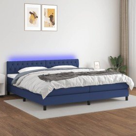 Cama box spring colchón y luces LED tela azul 200x200 cm Cama box spring colchón y luces LED tela azul 200x200 cm