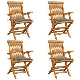 Sillas de jardín 4 uds madera maciza de teca con cojines grises de vidaXL, Sillas de jardín - Ref: Foro24-3065618, Precio: 38...