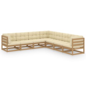 Set de muebles de jardín 7 pzs cojines madera pino marrón miel