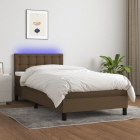 Cama box spring colchón y luces LED tela marrón oscuro 90x200cm en Camas y somieres | Comprar online en Foro24