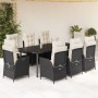 Set de comedor de jardín 9 pzas y cojines ratán sintético negro