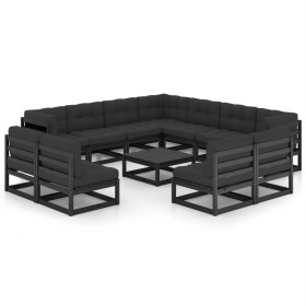 Set de muebles de jardín 12 pzas con cojines madera pino negro