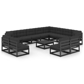 Set de muebles de jardín 14 pzas con cojines madera pino negro