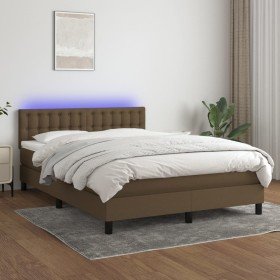 Cama box spring colchón luces LED tela marrón oscuro 140x200cm en Camas y somieres | Comprar online en Foro24