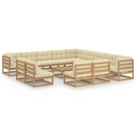 Set de muebles de jardín 14 pzs cojines madera pino marrón miel