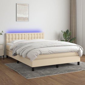 Cama box spring colchón y luces LED tela crema 140x200 cm Cama box spring colchón y luces LED tela crema 140x200 cm