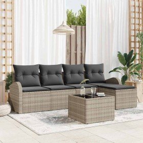 Conjunto de sofá de jardín con cojín 6 pcs Gris claro Poliratán Conjunto de sofá de jardín con cojín 6 pcs Gris claro Poliratán