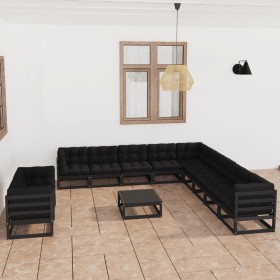 Set de muebles de jardín 12 pzas con cojines madera pino negro