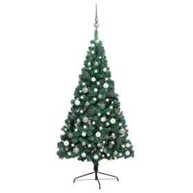 Medio árbol de Navidad con luces y bolas verde 240 cm