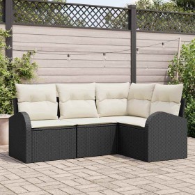 Conjunto de sofá de jardín con cojín 4 pcs Negro Poliratán