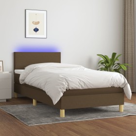 Cama box spring colchón y luces LED tela marrón oscuro 90x190cm en Camas y somieres | Comprar online en Foro24