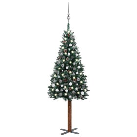 Árbol Navidad artificial delgado con LEDs y bolas verde 210 cm