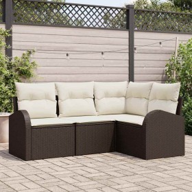 Conjunto de sofá de jardín con cojín 4 pcs Marrón Poliratán